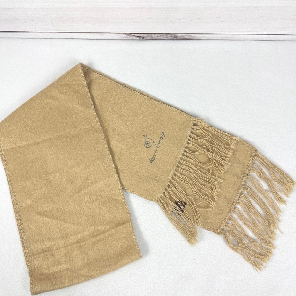 Alpaca Camargo‎ Beige Scarf Soft Fringe Embroidered Tan
